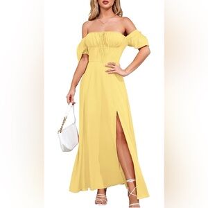 Romantic Off-Shoulder Ruched Maxi Dress in Sunshine Yellow